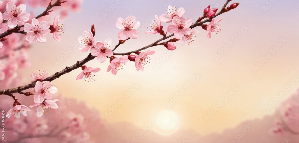 a branch of a blossoming cherry tree with the sun shining through the clouds in a pink and blue sky with a pink flowered branch in the foreground. a branch of a blossoming cherry tree with the sun shining through the clouds in a pink and blue sky with a pink flowered branch in the foreground.