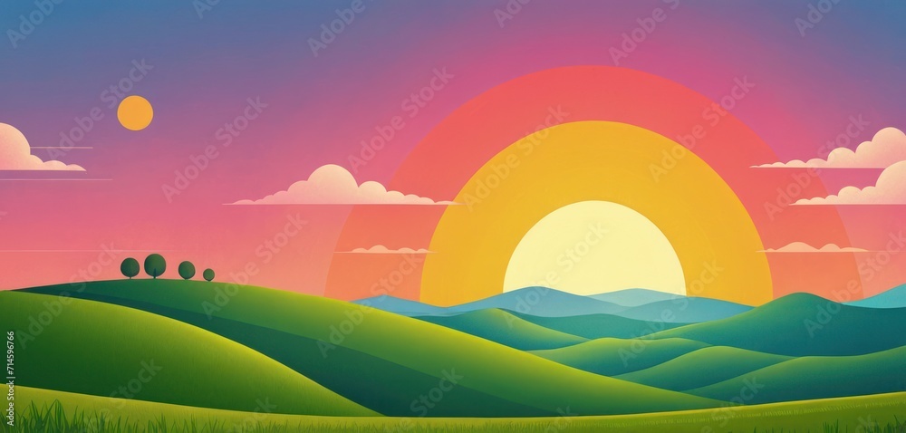 a painting of the sun setting over a green hill with trees and hills in the foreground and a blue sky with clouds and a yellow sun in the background. a painting of the sun setting over a green hill with trees and hills in the foreground and a blue sky with clouds and a yellow sun in the background.