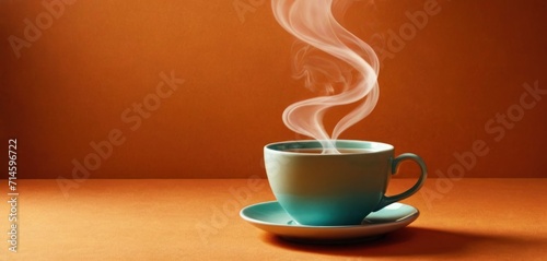  a steaming cup on a saucer with a saucer on a saucer on a saucer on a saucer on a table with an orange wall in the background.
