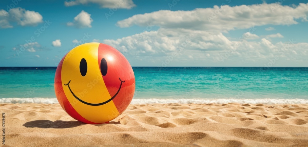  a beach ball with a smiley face painted on it sitting in the sand on a beach in front of a blue sky with clouds and a bright blue ocean in the background.