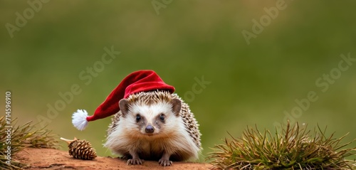  a hedgehog wearing a santa hat on top of a pile of grass and a pine cone on the other side of the hedgehog, with a pine cone in the foreground. photo