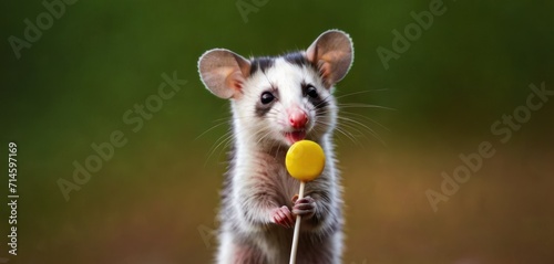  a close up of a small animal with a lollipop in it's mouth and a blurry background of grass and a small animal with a yellow lollipop in it's mouth. © Jevjenijs