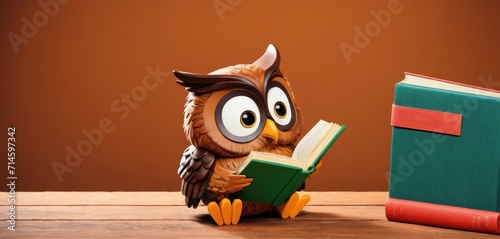  an owl figurine sitting on a table next to a book with eyes wide open and a book in front of it, on a wooden table with a brown background.