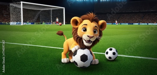  a lion sitting next to a soccer ball on a soccer field with a stadium full of people in the background and a soccer ball in the foreground with a goalie in the foreground.