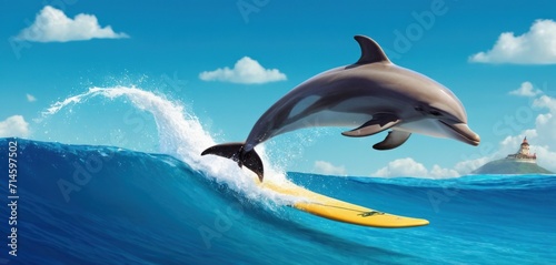  a painting of a dolphin riding a surfboard in the ocean with a lighthouse in the distance and a man on a surfboard in the middle of the water.