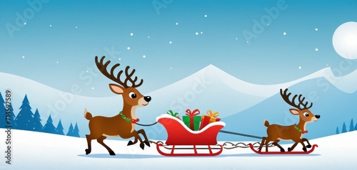  a couple of reindeer pulling a sleigh with a sleigh on it's back in the snow with a christmas present in it's hand.