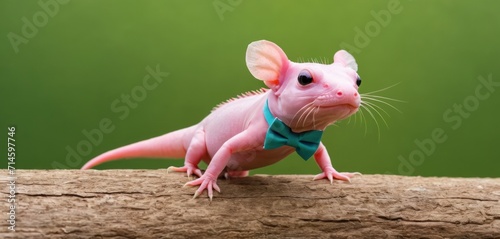  a pink gerbil with a blue bow tie sitting on top of a piece of drifty wood with a green wall in the backround of it.