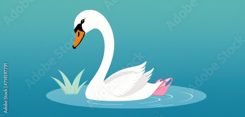  a white swan floating on top of a body of water next to a green grass covered shore with a pink object in the middle of the swan's body. © Jevjenijs