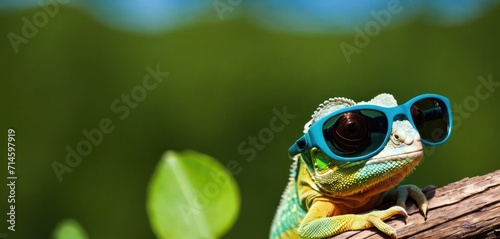  a close up of a lizard with sunglasses on it's head and a green leaf in the background with a blurry background of blue sky and green leaves.