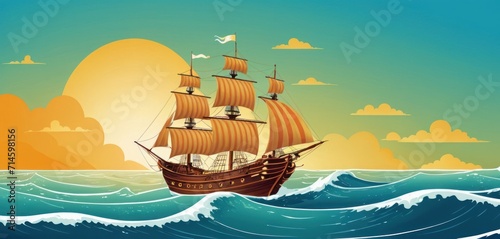  a pirate ship sailing in the ocean with the sun setting in the backgroung and clouds in the backgroung, with a bird flying in the sky.