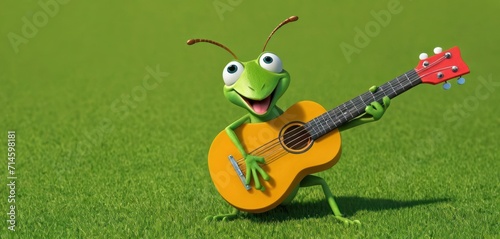  a green frog holding a guitar on top of a green grass covered field with a red frisbee in it's right hand and a yellow frisbee in its left hand.