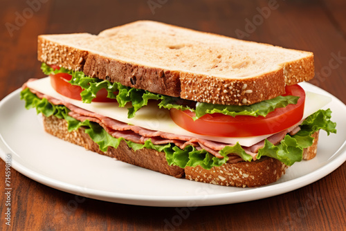 A fresh delicious sandwich on a white plate, on a wooden table. Shallow depth of field