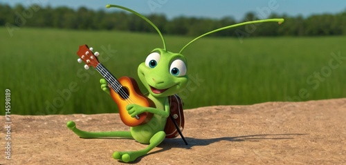  a green bug holding a guitar on top of a dirt ground next to a field of green grass and a green grass covered field behind it is a blue sky. photo