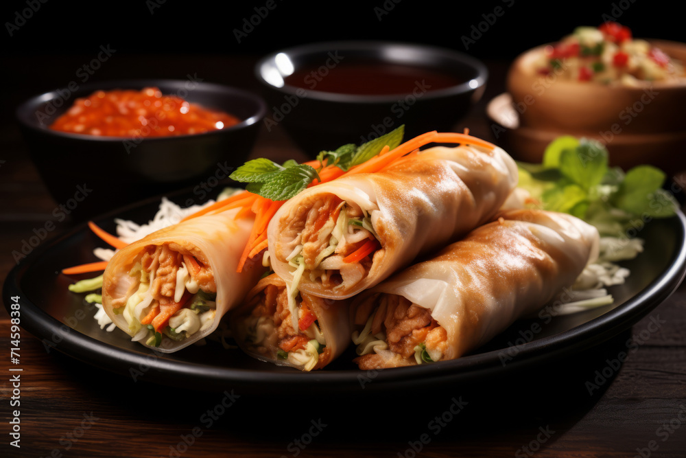 Tasty asian chicken spring rolls on plate with sauce on a wooden table Tasty asian chicken spring rolls on plate with sauce on a wooden table