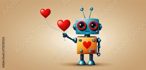  a robot holding a heart shaped balloon in its hand with a red heart on the end of the balloon in the shape of a robot, on a beige background.