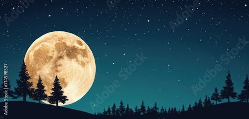  a full moon in the night sky with trees in the foreground and stars in the sky over a hill with a forest on the other side of the moon. © Jevjenijs