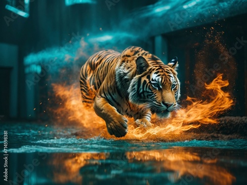 Siberian Tiger in the water at night with fire background.