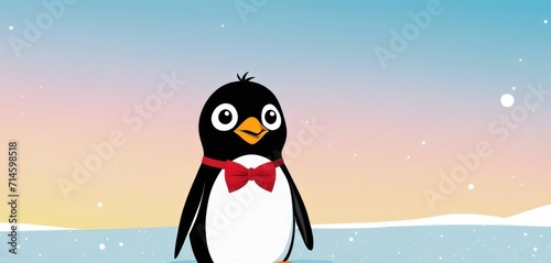  a penguin with a red bow tie standing in the snow with a pink and blue sky in the background and snow flecks on the ground and snowflakes.
