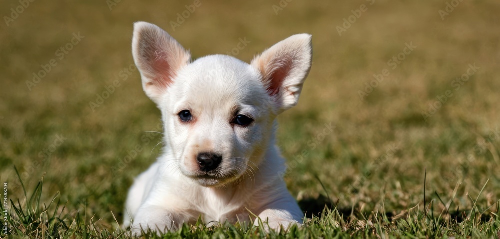  a close up of a small white dog laying in the grass with it's front paws on it's head and it's paws on the ground.