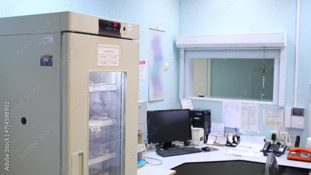 Workplace with refrigerator for packed frozen red blood cells Workplace with refrigerator for packed frozen red blood cells