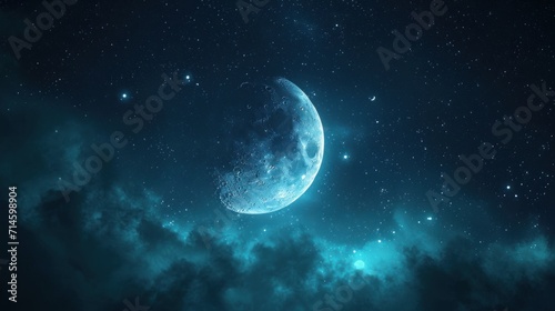  an image of a crescent moon in the night sky with stars and clouds in the foreground, and the moon in the middle of the night sky with stars in the background.