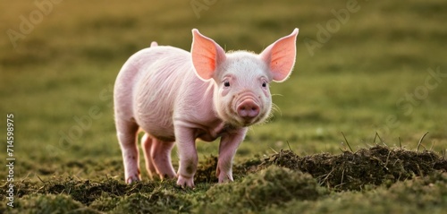  a small white pig standing on top of a lush green field next to a pile of dirt on top of a lush green grass covered field next to a field.
