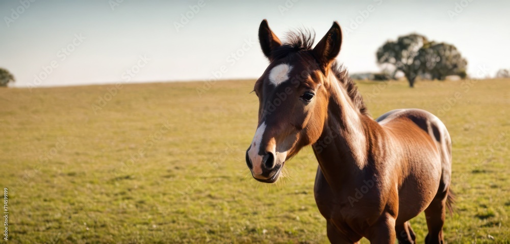  a brown and white horse standing on top of a lush green field next to a lush green field with trees on the other side of the field and a blue sky.