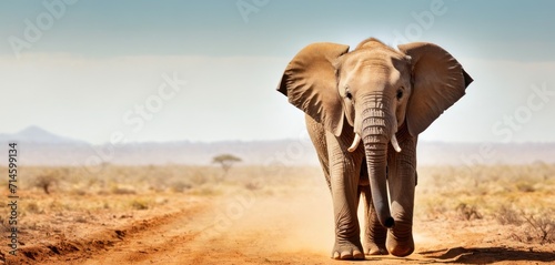  an elephant walking down a dirt road in the middle of a dry grass and dirt field with a mountain in the distance in the distance in the distance is a blue sky.