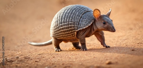  a small armadile standing on top of a dirt ground next to a dirt ground and a dirt ground with a small armadile on top of it's legs. © Jevjenijs