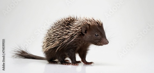  a porcupine is standing on its hind legs and is looking at the camera while it's tail is sticking out of it's back, on a white background.