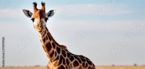 a close up of a giraffe's head and neck with a blue sky in the back ground and a few clouds in the sky in the background.