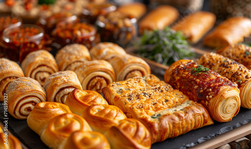 buffet of food, sausage rolls, sadwiches, cheese rolls, crackers photo