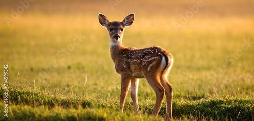  a small deer standing in the middle of a grassy field with tall grass on both sides of it's face and it's head looking at the camera. photo