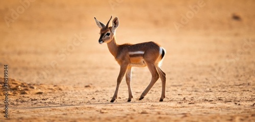  a small antelope standing in the middle of a dirt field in front of a dry grass field with a small antelope in the middle of it's foreground.