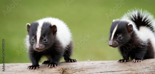  two black and white striped skunks are standing on a log and one is looking at the camera and the other one is looking at the same direction of the same direction. photo