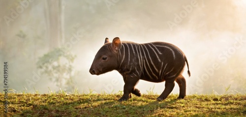  a close up of a small animal on a field of grass with trees in the back ground and fog in the sky in the back ground and trees in the background.