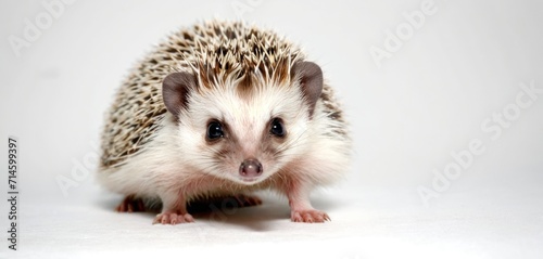  a hedgehog standing on its hind legs on a white surface looking at the camera with a surprised look on its face, with one eye wide open and one paw on the other side of the hedgehog.