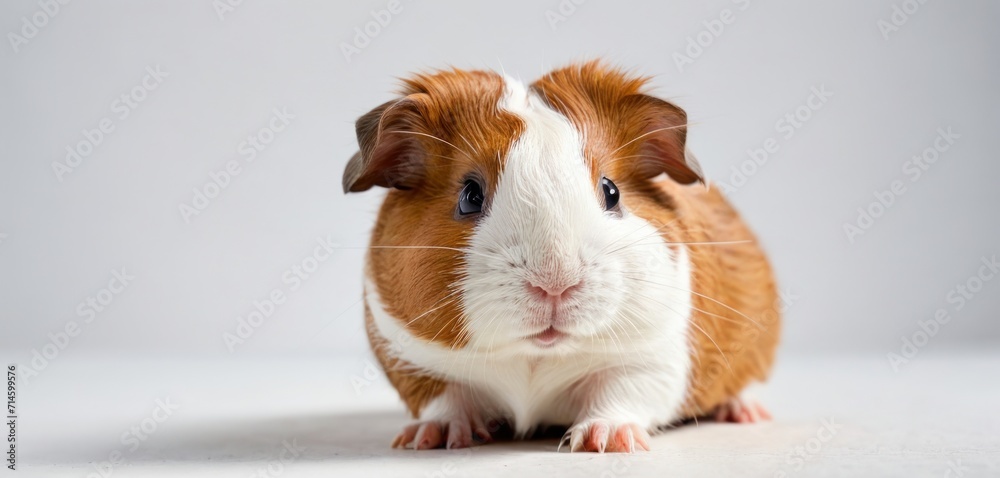 a close up of a brown and white guinea pig on a white background looking at the camera with a curious look on its face, with one eye wide open. a close up of a brown and white guinea pig on a white background looking at the camera with a curious look on its face, with one eye wide open.
