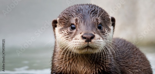  a close up of a wet otter looking at the camera with a sad look on it's face and a wet body of water in front of the background. © Jevjenijs