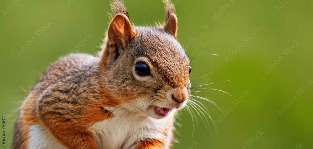  a close up of a squirrel's face with it's mouth open and it's eyes wide open, with a blurry background of green grass.