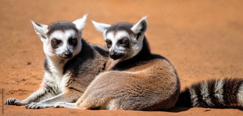  a couple of small animals sitting next to each other on a sandy ground in front of a dirt wall and dirt ground behind them are two of the same size.