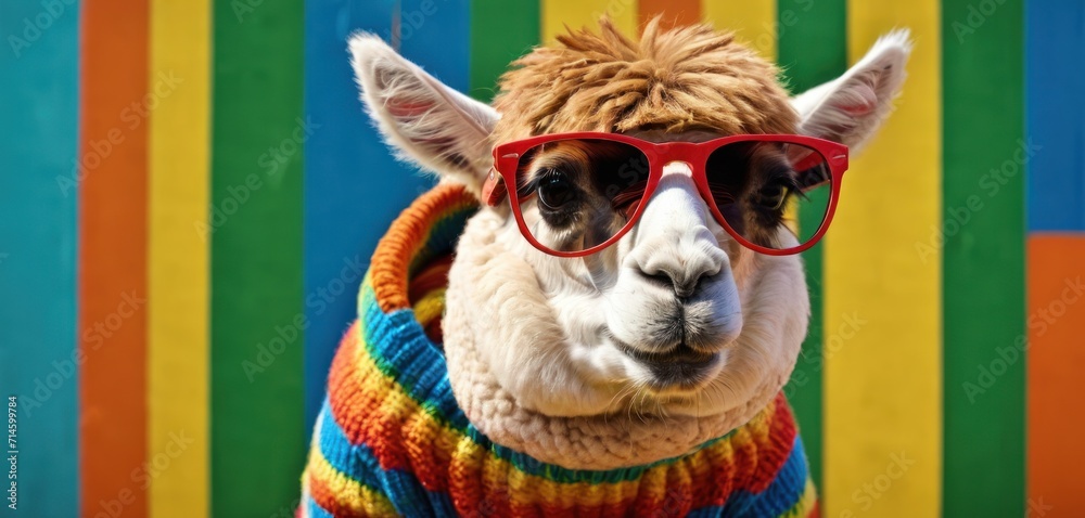  a close up of a llama wearing red glasses and a sweater with a rainbow stripe on it's chest and a multicolored wall in the background.