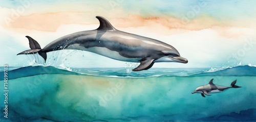  a painting of a dolphin and a dolphin swimming side by side in a body of water with a sunset in the background and clouds in the sky above the water.