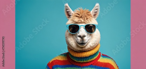  an alpaca wearing a sweater and sunglasses on a blue and pink background with a pink rectangle frame around it's neck and wearing a multicolored sweater.