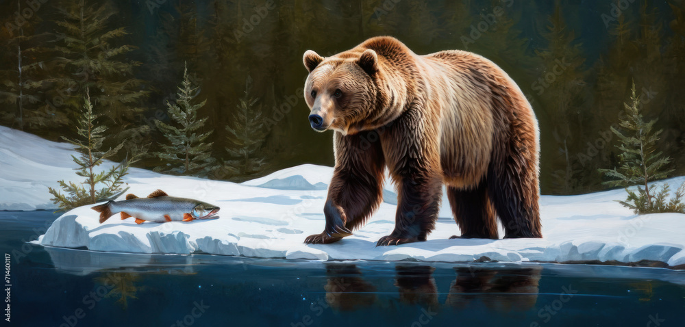 a painting of a brown bear standing on an ice floe with a fish in it's mouth and another fish in the water in front of the picture. a painting of a brown bear standing on an ice floe with a fish in it's mouth and another fish in the water in front of the picture.