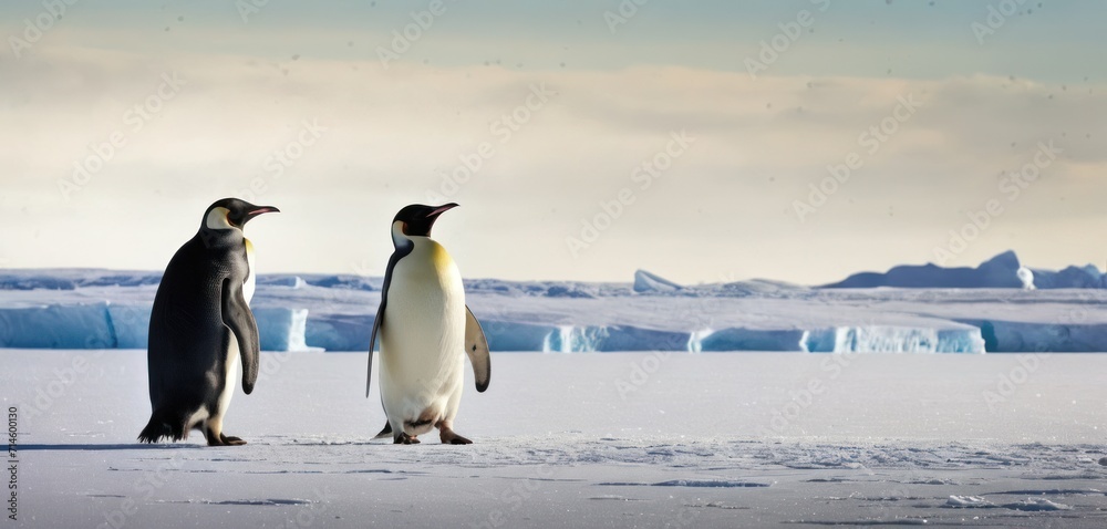  a couple of penguins standing next to each other on top of a snow covered field with icebergs in the background and a cloudy sky above them is a couple of icebergs.