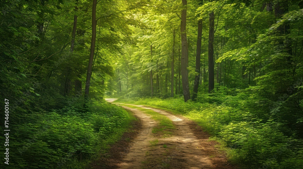 Fototapeta premium a dirt road in the middle of a forest with lots of green trees on either side of it and a dirt road in the middle of the middle of the forest.
