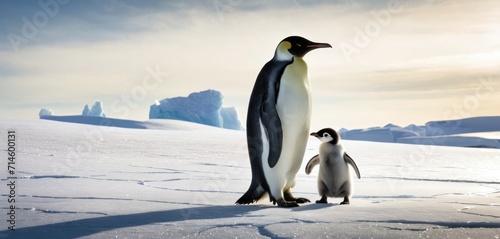  a couple of penguins standing next to each other on top of a snow covered ground with icebergs in the back ground and one penguin looking at the other.