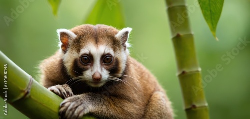  a small brown and white animal sitting on top of a green bamboo tree next to a lush green leafy forest filled with lots of green leafy trees and foliage.