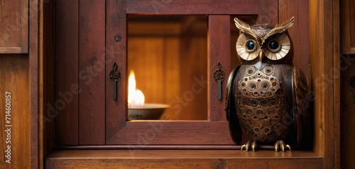  an owl figurine sitting on top of a wooden shelf next to a lit candle in a wooden cabinet with a lit candle in the window in the background.